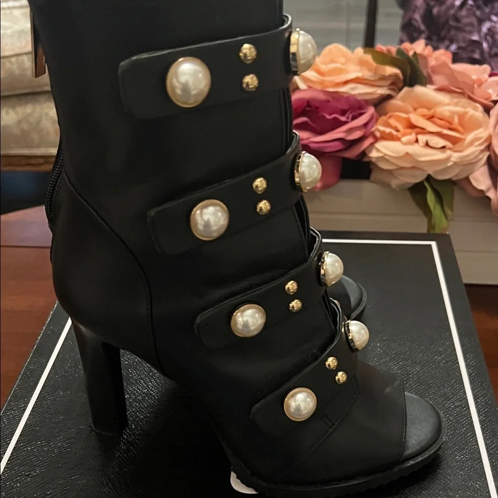 Karl Lagerfeld Black Heeled Boots with Pearl Accents - Picture 6 of 11